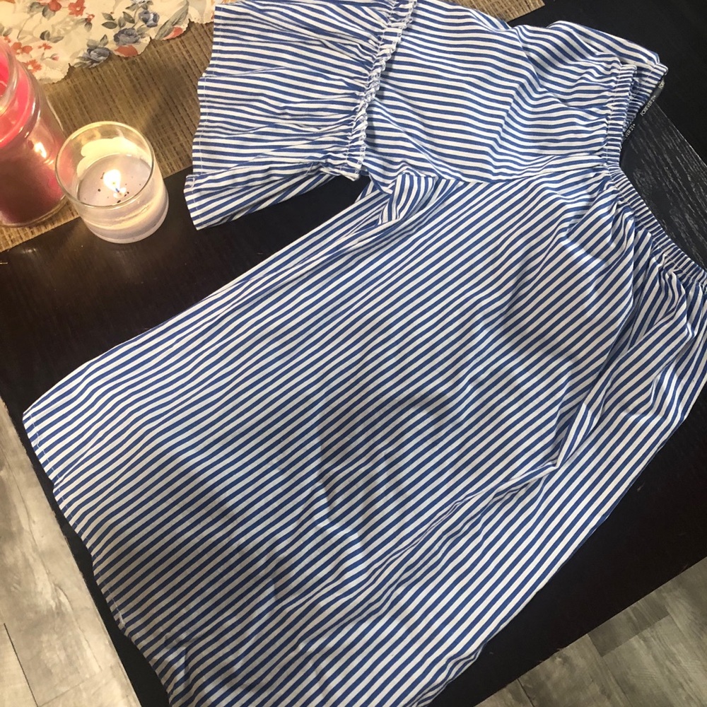 Blue and white stripe off the shoulder top